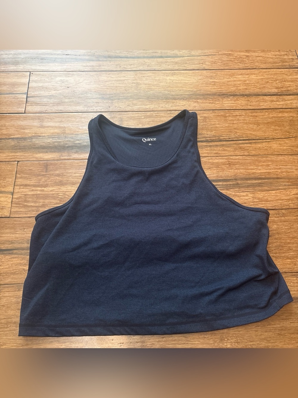 Quince Ultra-Form High-Neck Cropped Tank XL Heather Navy Blue Built-In Bra - Picture 2 of 7